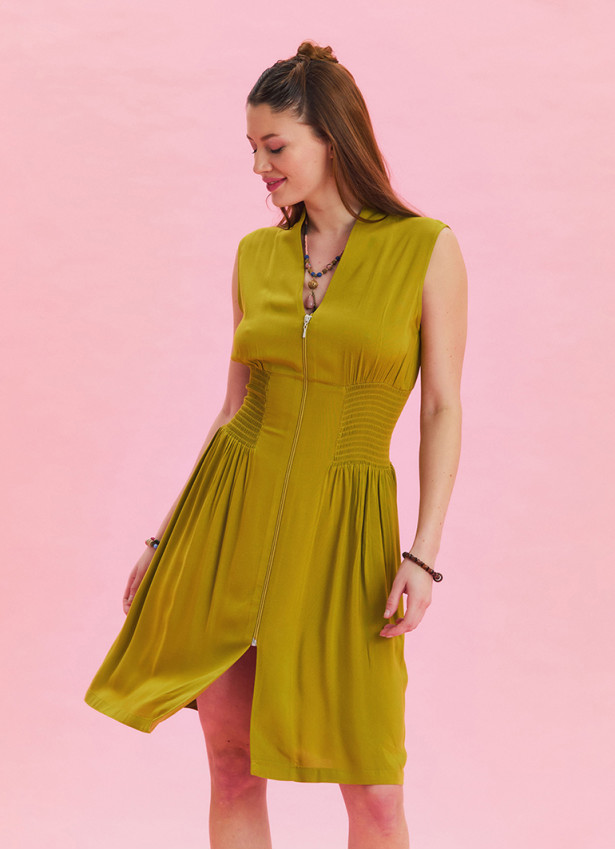 Olive Summer Dress with Stand Collar and Zipper Detail 4441